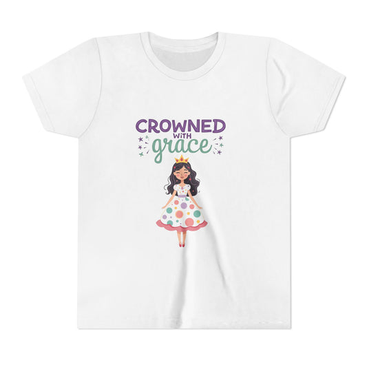 illustration of a smiling girl in a polka-dot princess dress with a crown and the text “Crowned with Grace”