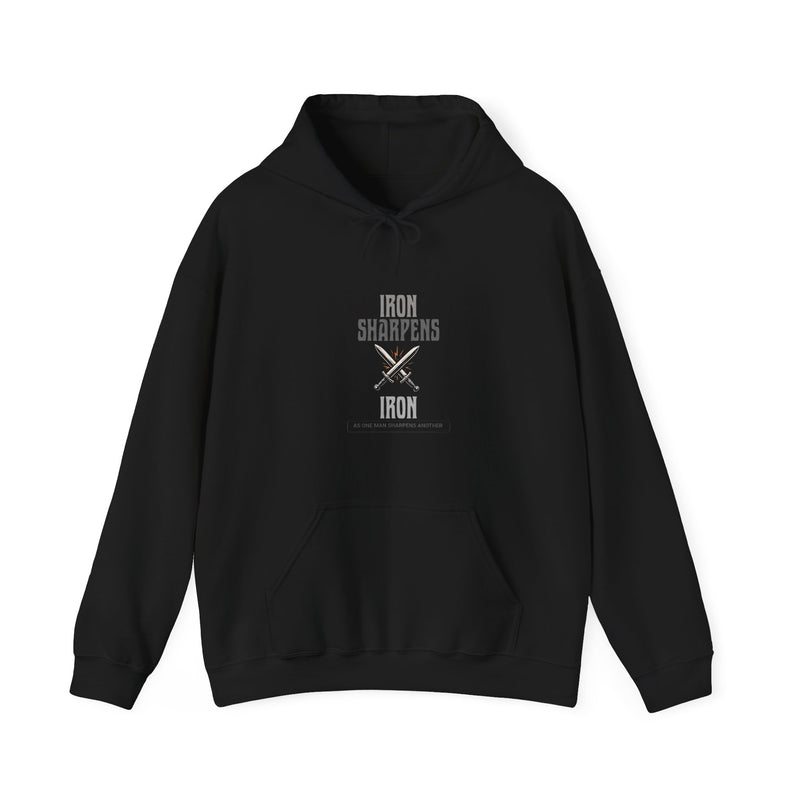 Black hoodie with text Iron sharpens Iron and graphic on a white background
