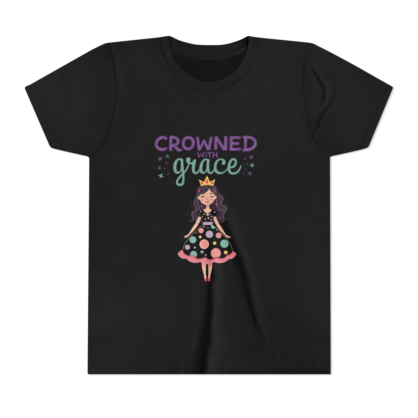 illustration of a smiling girl in a polka-dot princess dress with a crown and the text “Crowned with Grace”
