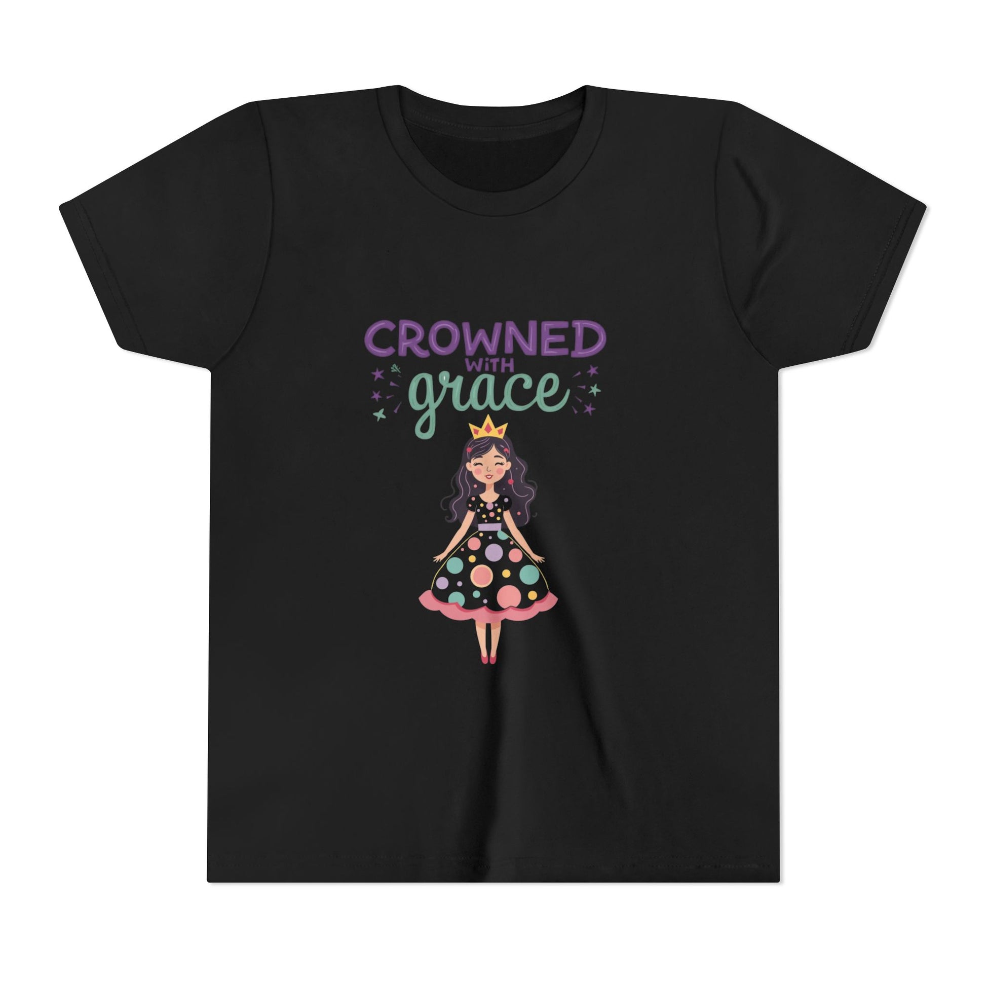illustration of a smiling girl in a polka-dot princess dress with a crown and the text “Crowned with Grace”