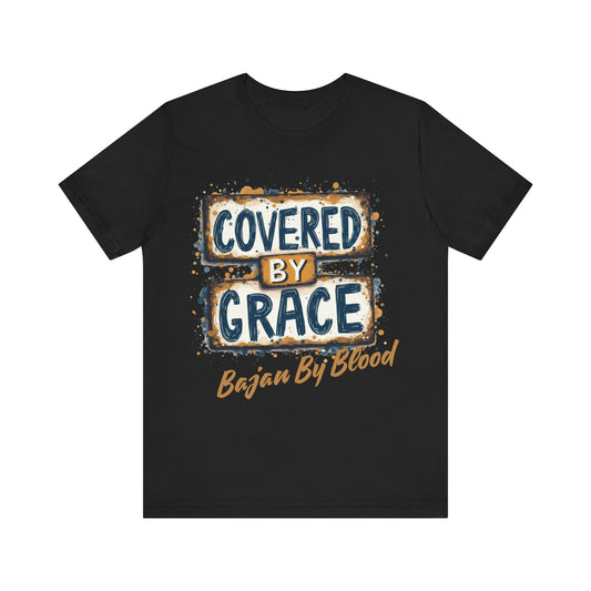 Christian apparel with 'Covered by Grace' message – faith and grace-themed t-shirt by Klippette"