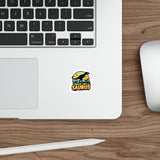 Laptop with a 'Follow Like A Saurus' sticker on a wooden desk with a mouse and stylus.