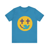 Woman wearing a navy Christian t-shirt with a smiley face design featuring purple cross eyes and a blue dove forming the smile.