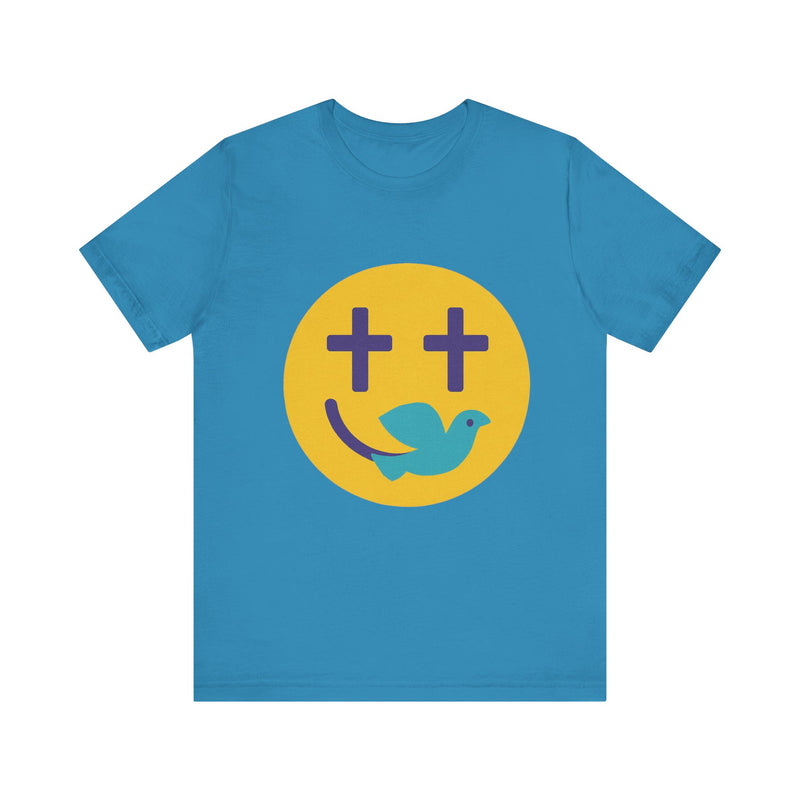 Woman wearing a navy Christian t-shirt with a smiley face design featuring purple cross eyes and a blue dove forming the smile.