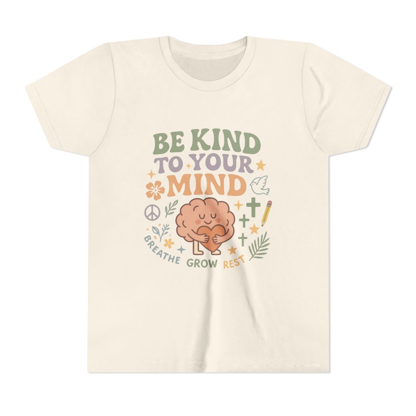 Retro-style t-shirt with “Be Kind to Your Mind” text, featuring a smiling cartoon brain hugging a heart, surrounded by peaceful doodles and affirmations like “Breathe,” “Grow,” and “Rest.”