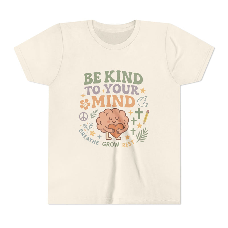 Retro-style t-shirt with “Be Kind to Your Mind” text, featuring a smiling cartoon brain hugging a heart, surrounded by peaceful doodles and affirmations like “Breathe,” “Grow,” and “Rest.”