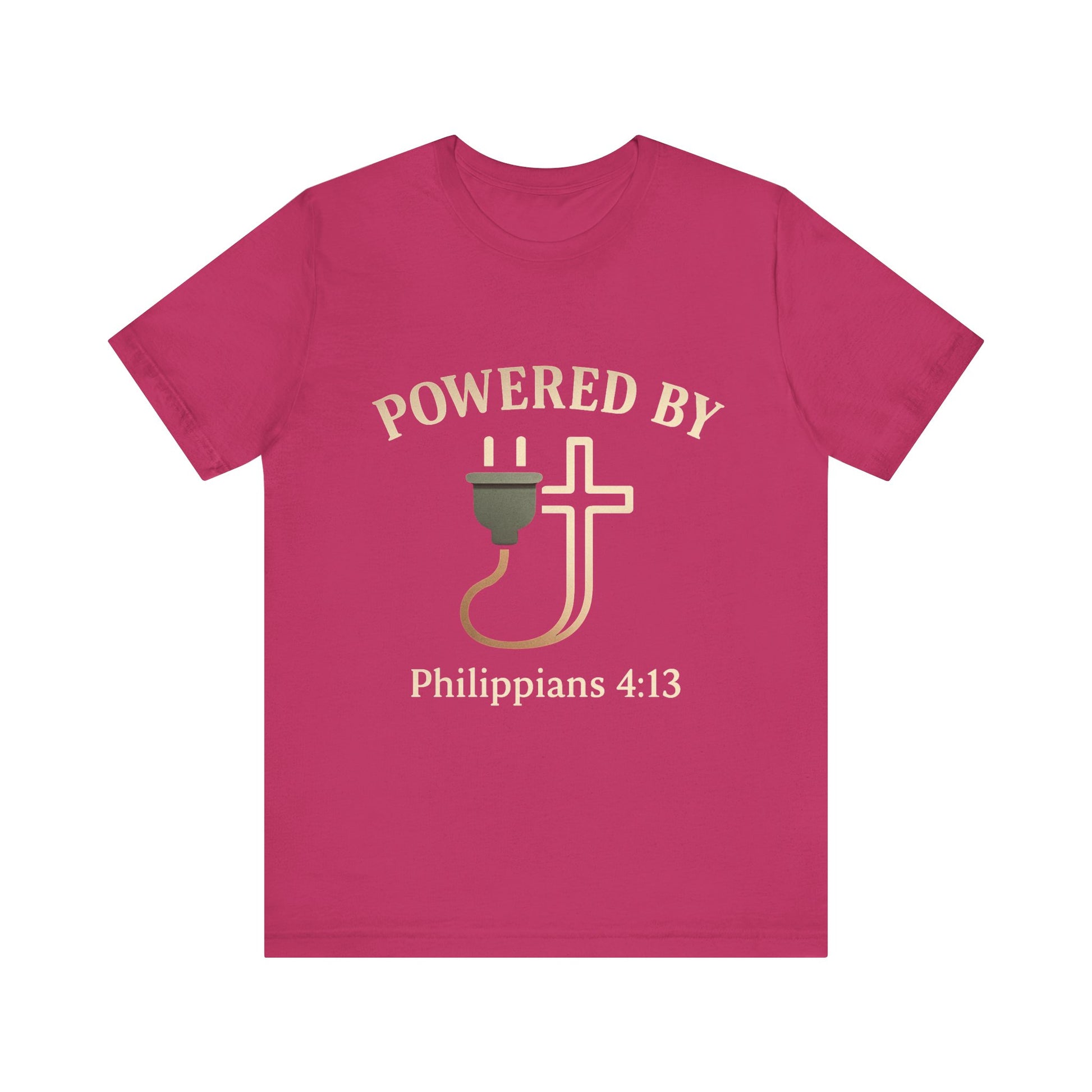 Christian t-shirt with “Powered by Philippians 4:13” text – bold faith-based apparel for men and women.