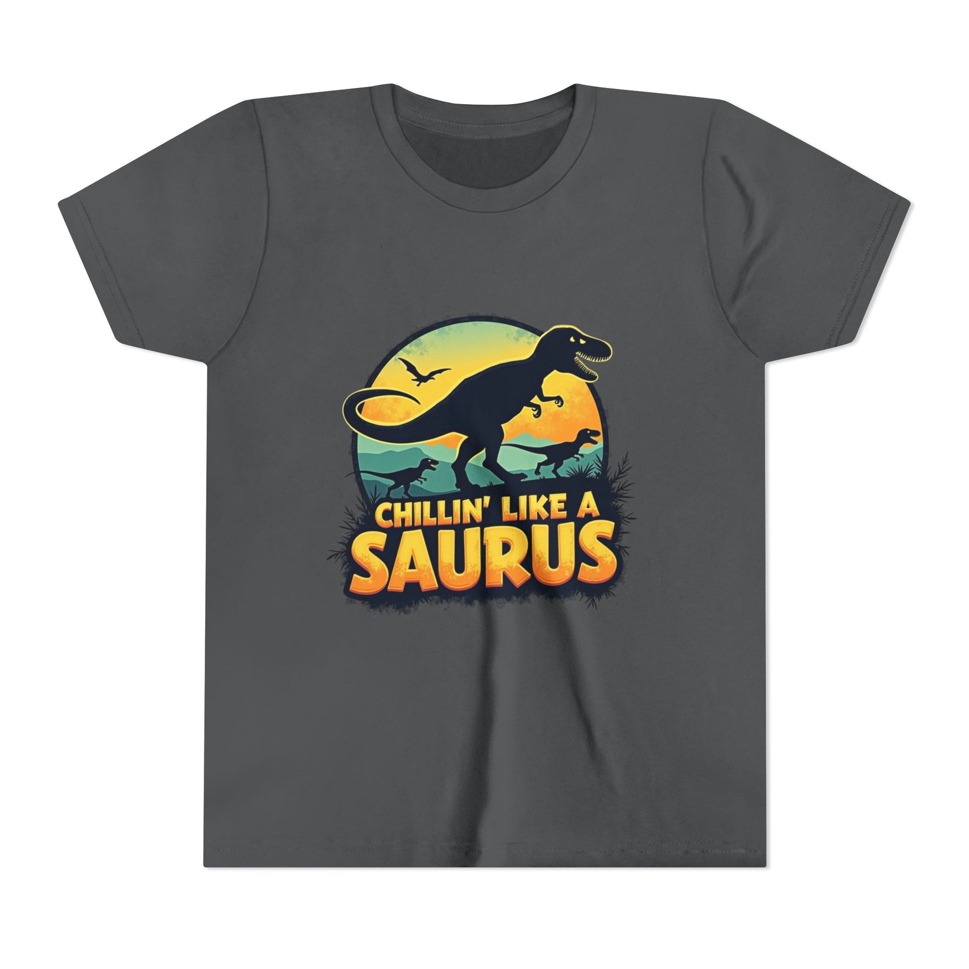Fun dinosaur with the phrase "Chillin’ Like a Saurus" – playful summer kids t-shirt design
