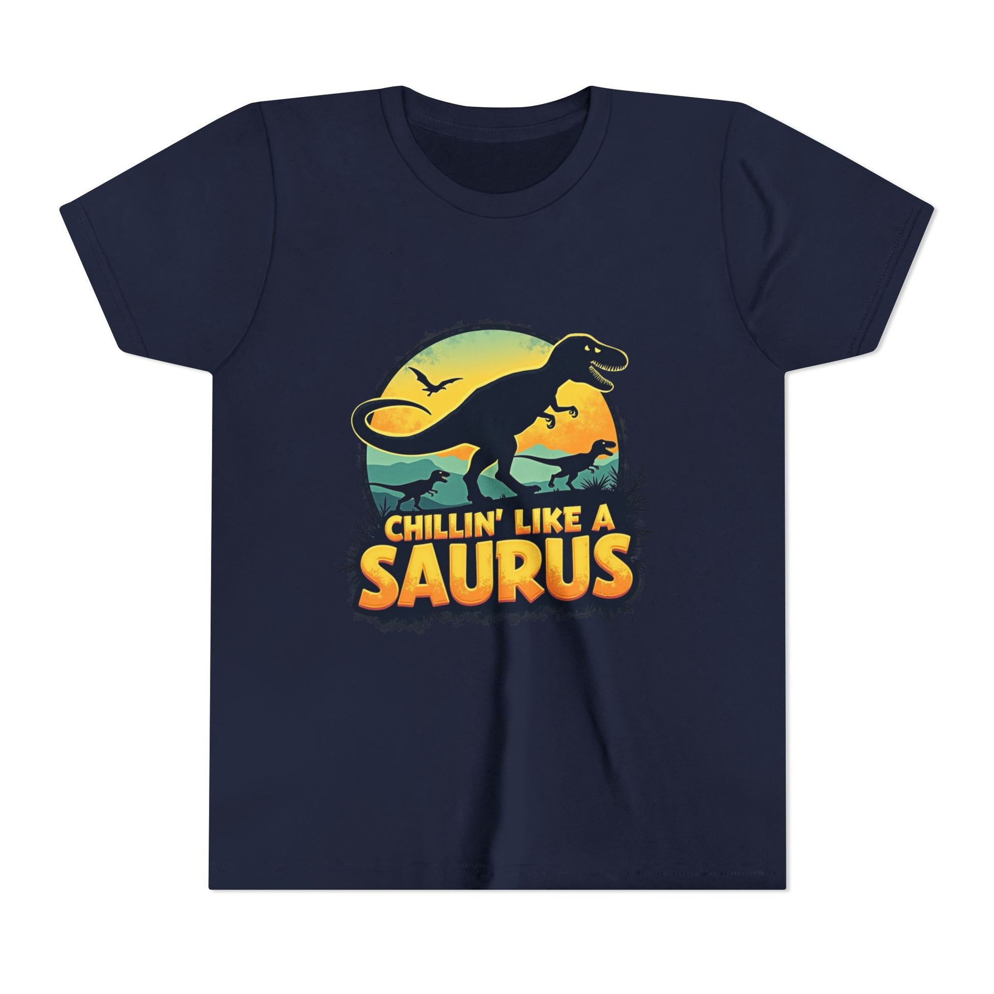 Fun dinosaur with the phrase "Chillin’ Like a Saurus" – playful summer kids t-shirt design
