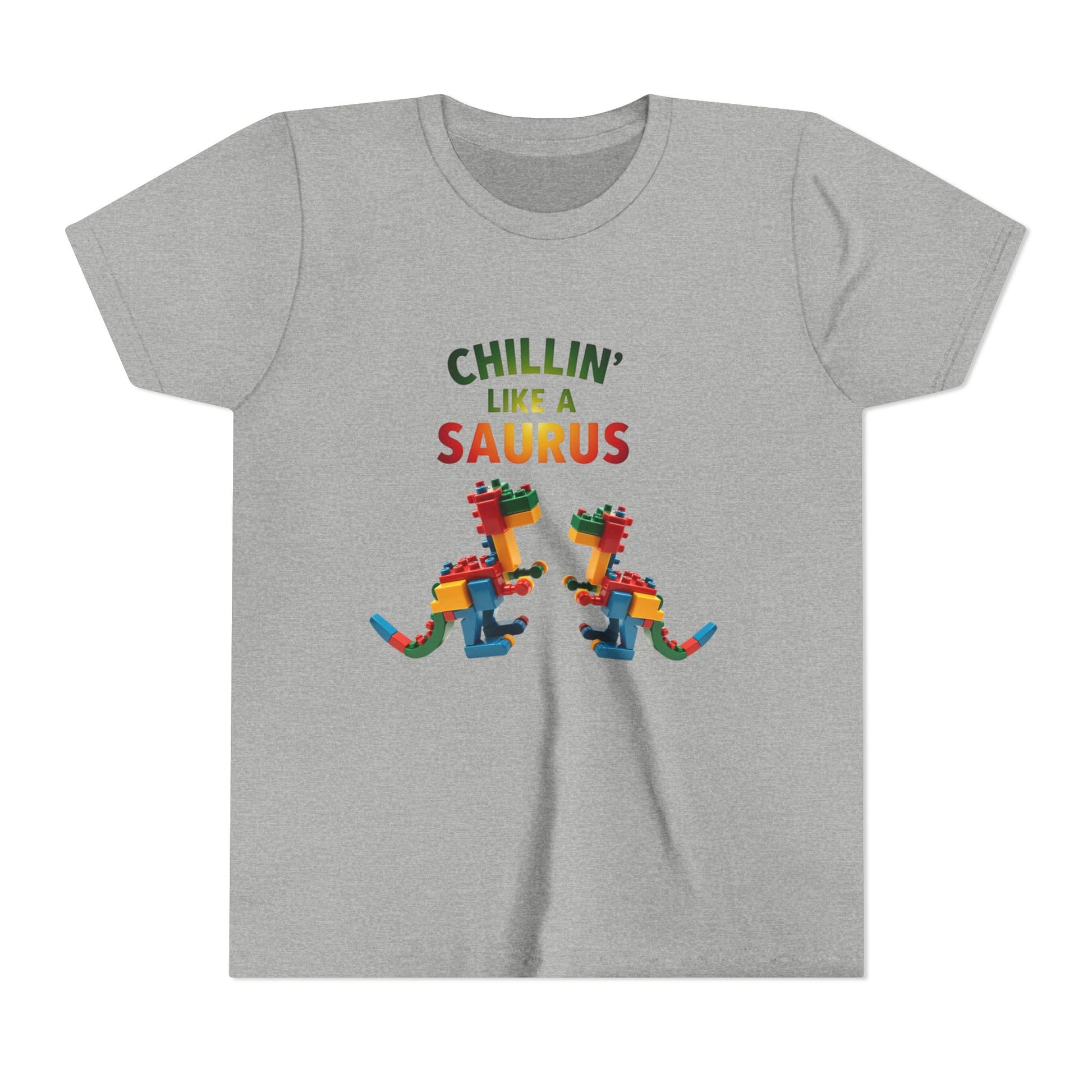 Colorful toy block dinosaur with the phrase "Chillin’ Like a Saurus" – playful summer kids t-shirt design