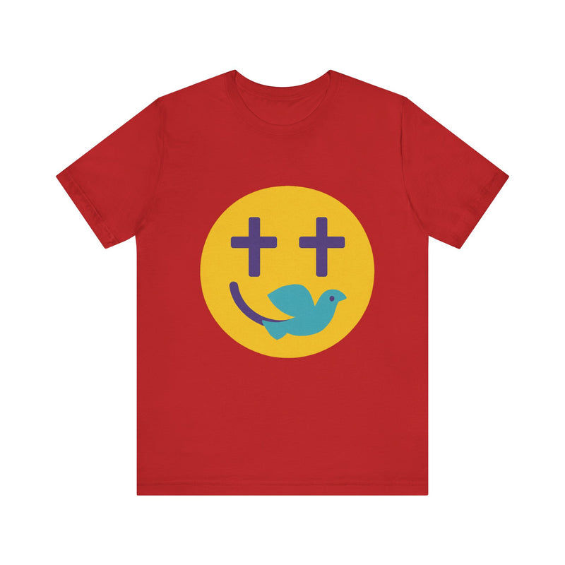 Woman wearing a navy Christian t-shirt with a smiley face design featuring purple cross eyes and a blue dove forming the smile.
