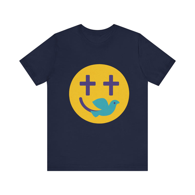 Woman wearing a navy Christian t-shirt with a smiley face design featuring purple cross eyes and a blue dove forming the smile.