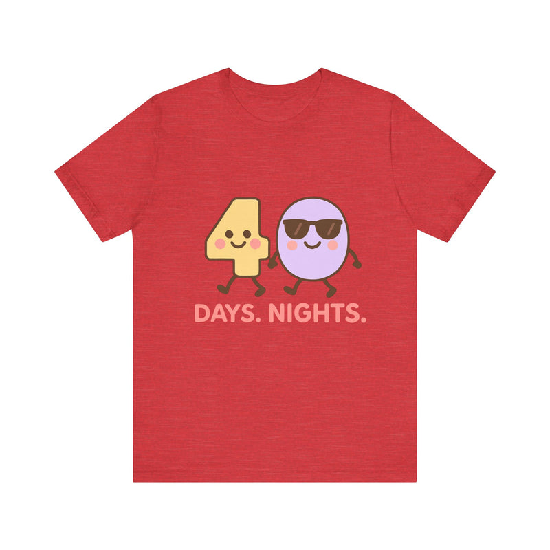 Christian t-shirt featuring the numbers 4 and 0 holding hands, symbolizing “40 Days and Nights” – faith journey design by Klippette.