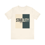 A bold, graphic design featuring the word “STABILITY” split across two contrasting colored backgrounds, with half the word on each side. Referenced scripture Isaiah 26:3 anchors the message visually and spiritually.