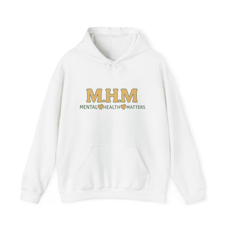 Hoodie design featuring the bold acronym M.H.M with the full text “Mental Health Matters” in modern, expressive lettering.