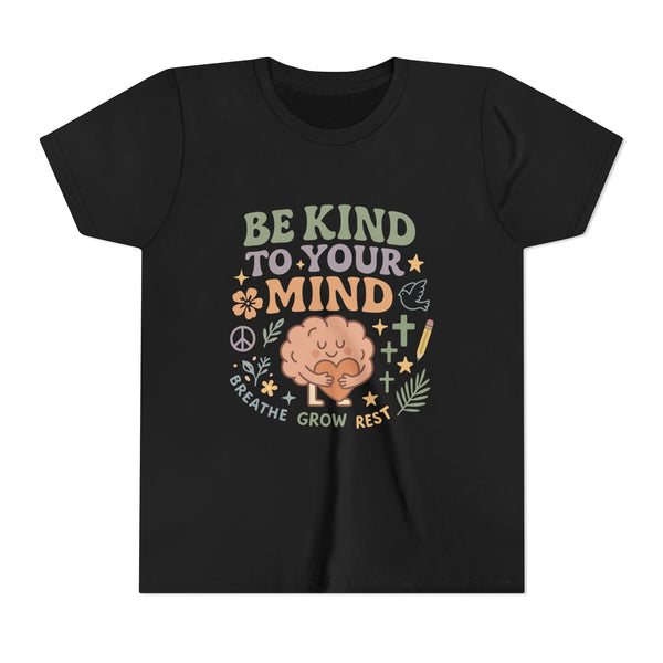 Retro-style t-shirt with “Be Kind to Your Mind” text, featuring a smiling cartoon brain hugging a heart, surrounded by peaceful doodles and affirmations like “Breathe,” “Grow,” and “Rest.”