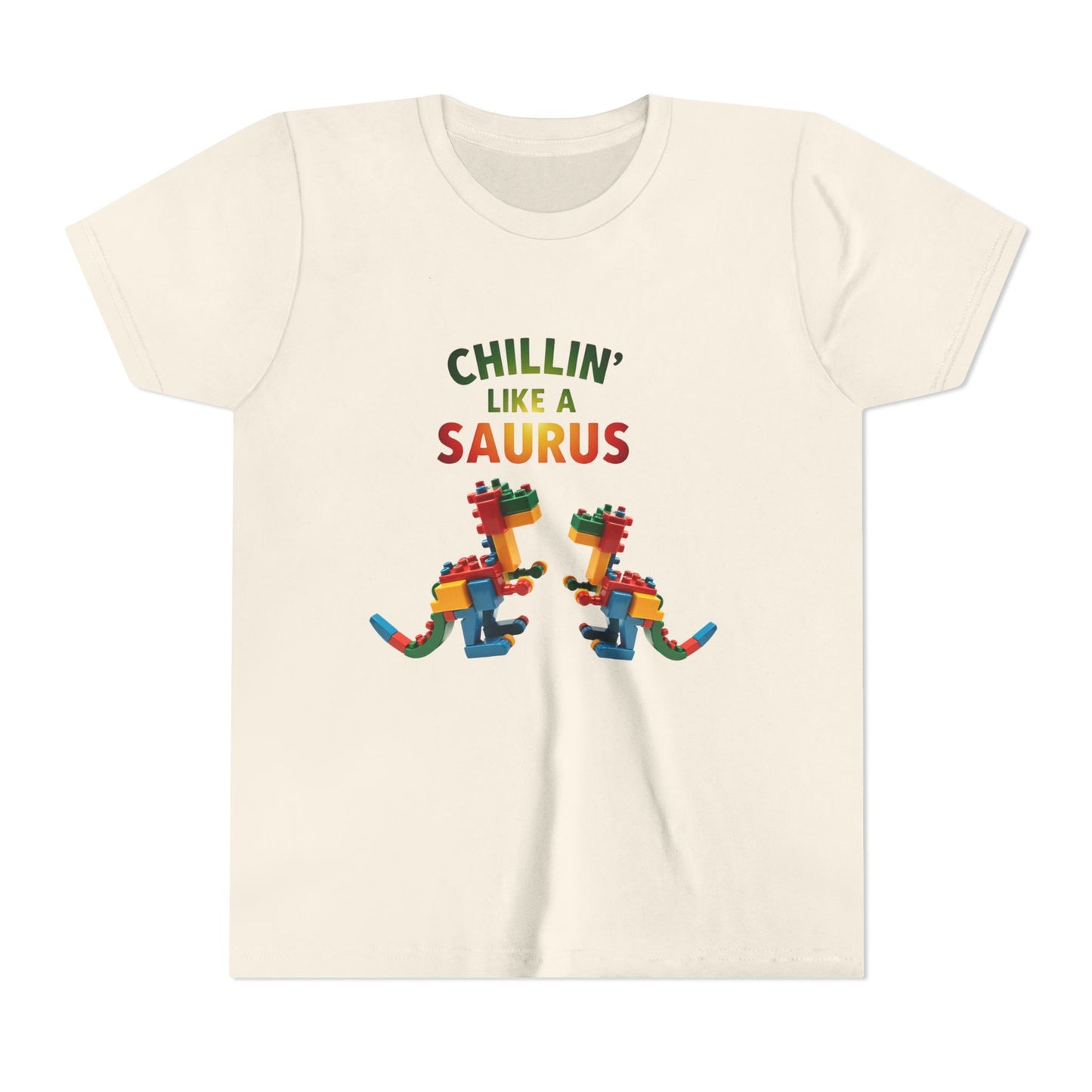 Colorful toy block dinosaur with the phrase "Chillin’ Like a Saurus" – playful summer kids t-shirt design