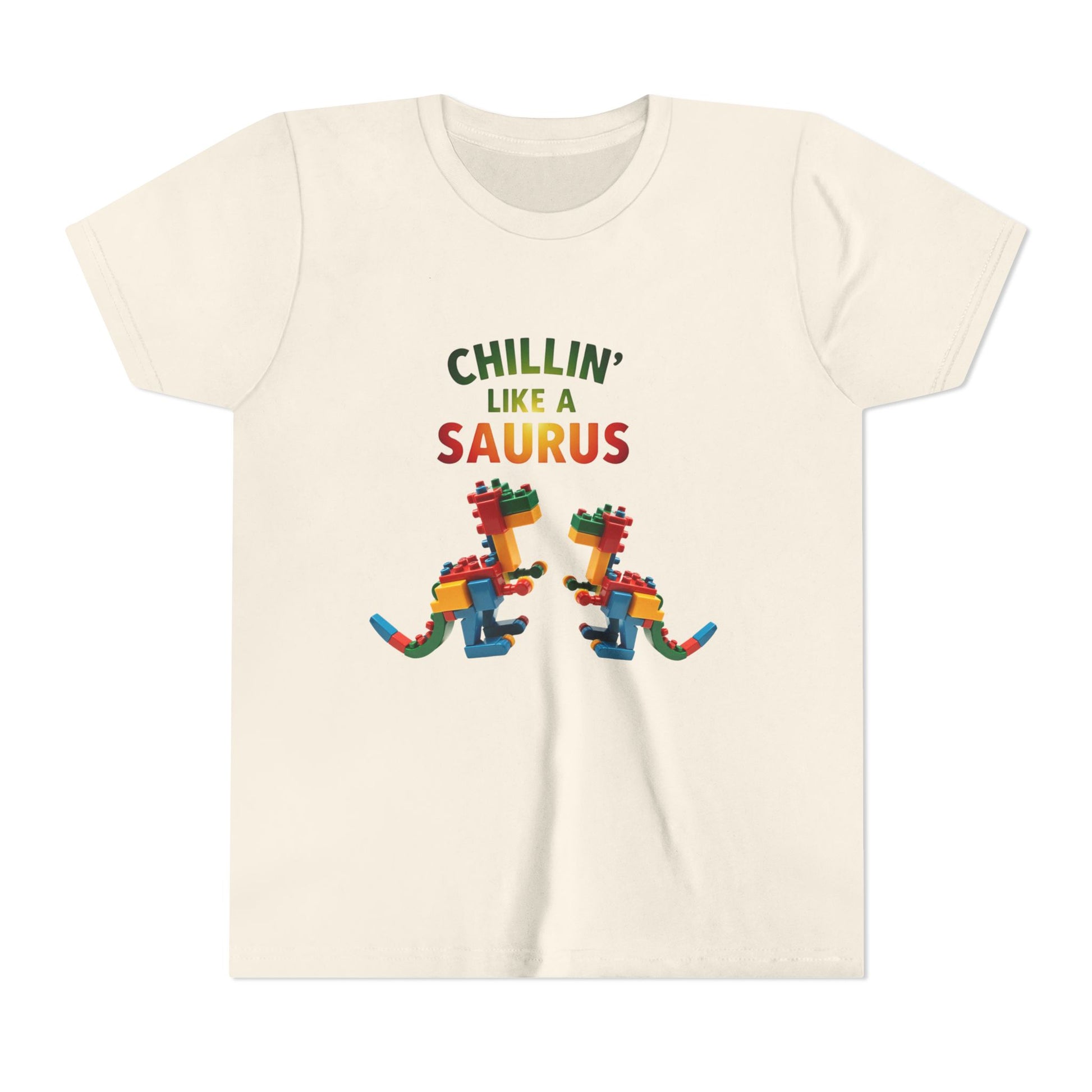 Colorful toy block dinosaur with the phrase "Chillin’ Like a Saurus" – playful summer kids t-shirt design