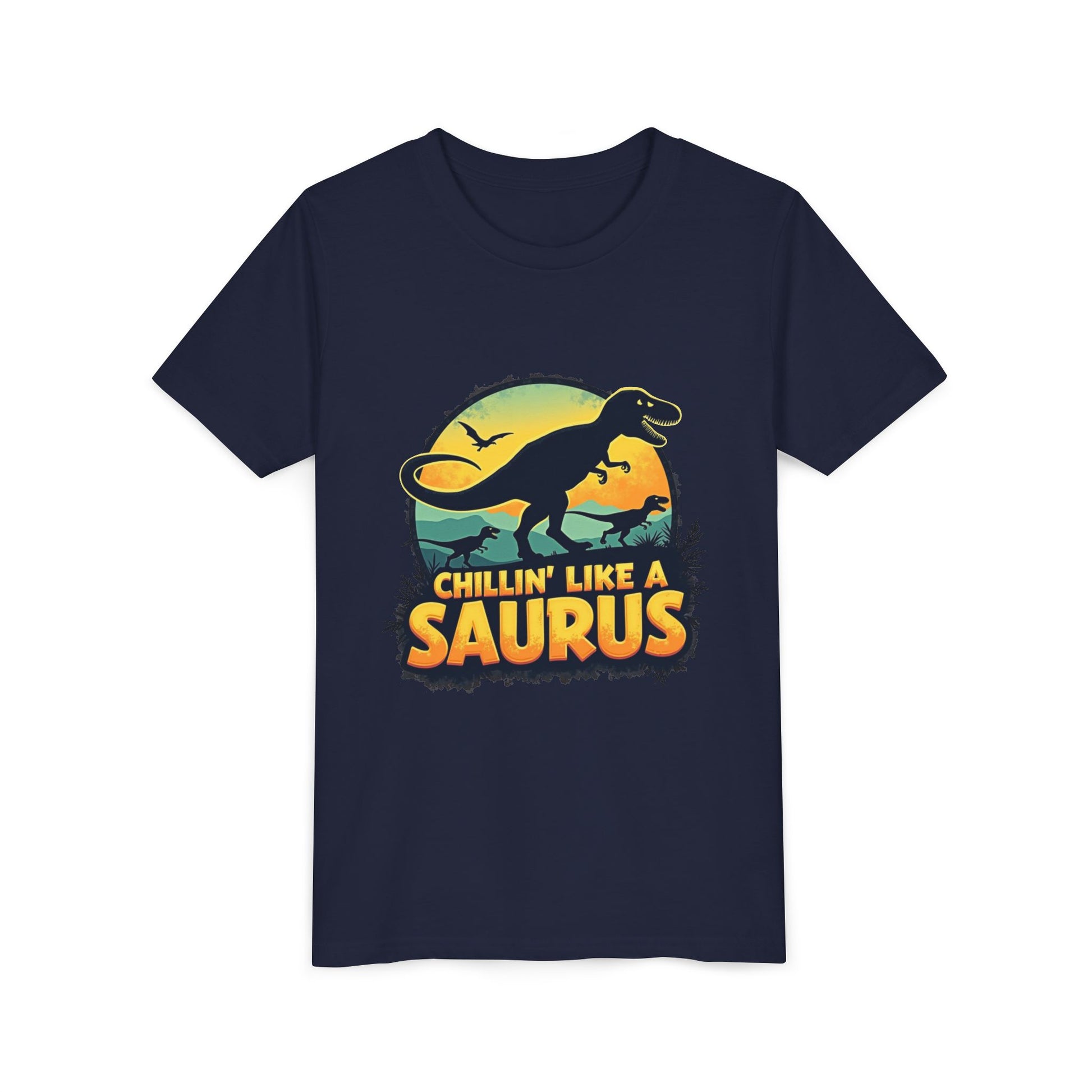 Fun dinosaur with the phrase "Chillin’ Like a Saurus" – playful summer kids t-shirt design