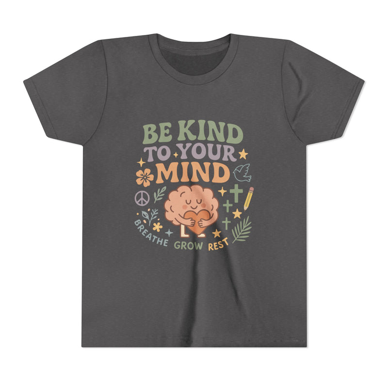 Retro-style t-shirt with “Be Kind to Your Mind” text, featuring a smiling cartoon brain hugging a heart, surrounded by peaceful doodles and affirmations like “Breathe,” “Grow,” and “Rest.”
