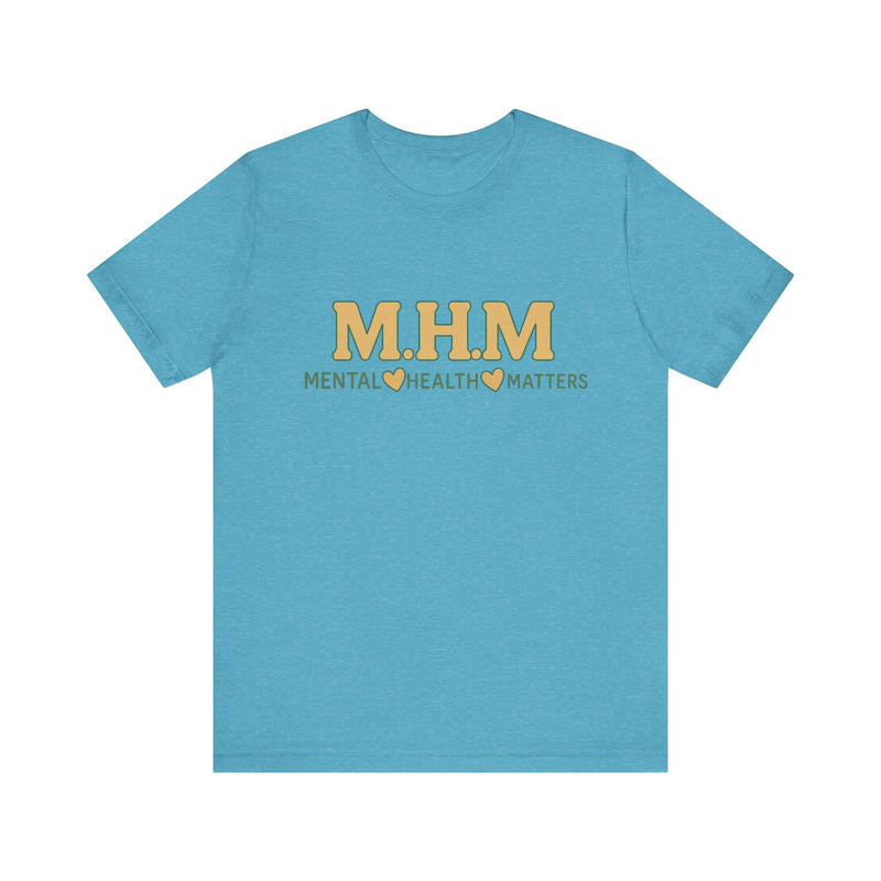 Shirt design featuring the bold acronym M.H.M with the full text “Mental Health Matters” in modern, expressive lettering.