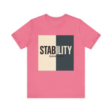 A bold, graphic design featuring the word “STABILITY” split across two contrasting colored backgrounds, with half the word on each side. Referenced scripture Isaiah 26:3 anchors the message visually and spiritually.
