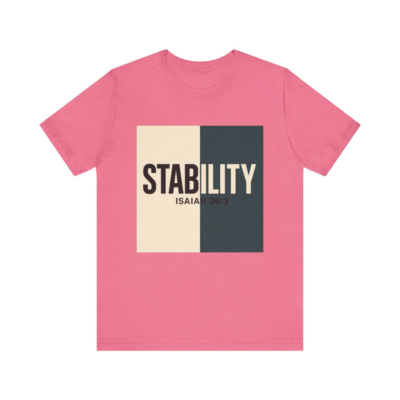 A bold, graphic design featuring the word “STABILITY” split across two contrasting colored backgrounds, with half the word on each side. Referenced scripture Isaiah 26:3 anchors the message visually and spiritually.