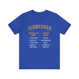 A minimalist design featuring the word "Surrender" in soft, flowing script symbolizing peace, release, and spiritual trust.