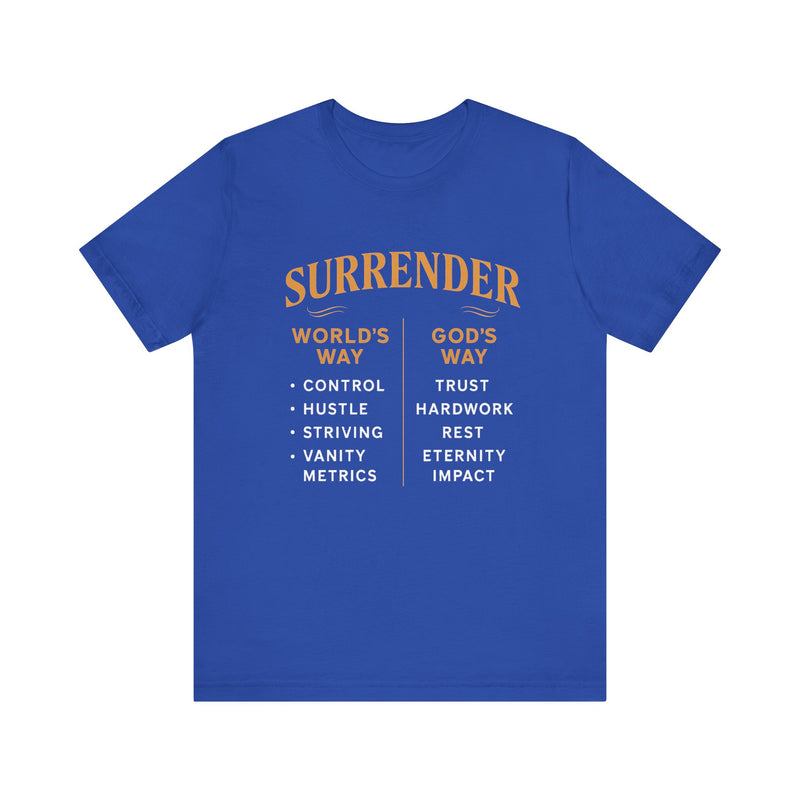 A minimalist design featuring the word "Surrender" in soft, flowing script symbolizing peace, release, and spiritual trust.