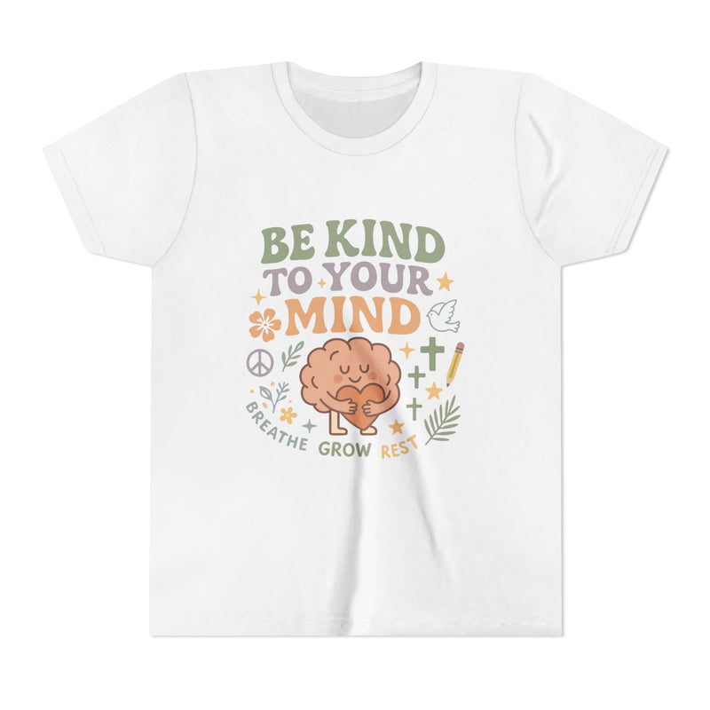 Retro-style t-shirt with “Be Kind to Your Mind” text, featuring a smiling cartoon brain hugging a heart, surrounded by peaceful doodles and affirmations like “Breathe,” “Grow,” and “Rest.”