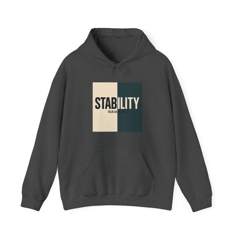 A hoodie with a bold, graphic design featuring the word “STABILITY” split across two contrasting colored backgrounds, with half the word on each side. Referenced scripture Isaiah 26:3 anchors the message visually and spiritually.