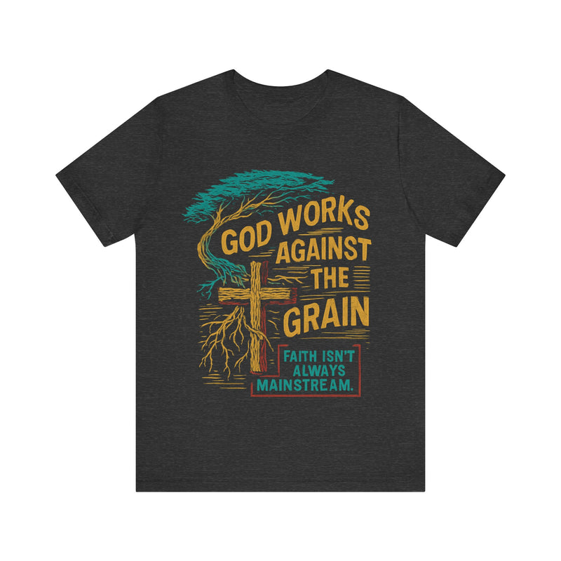 "Model wearing God Works Against the Grain Christian t-shirt in black, faith-based streetwear style by Klippette."