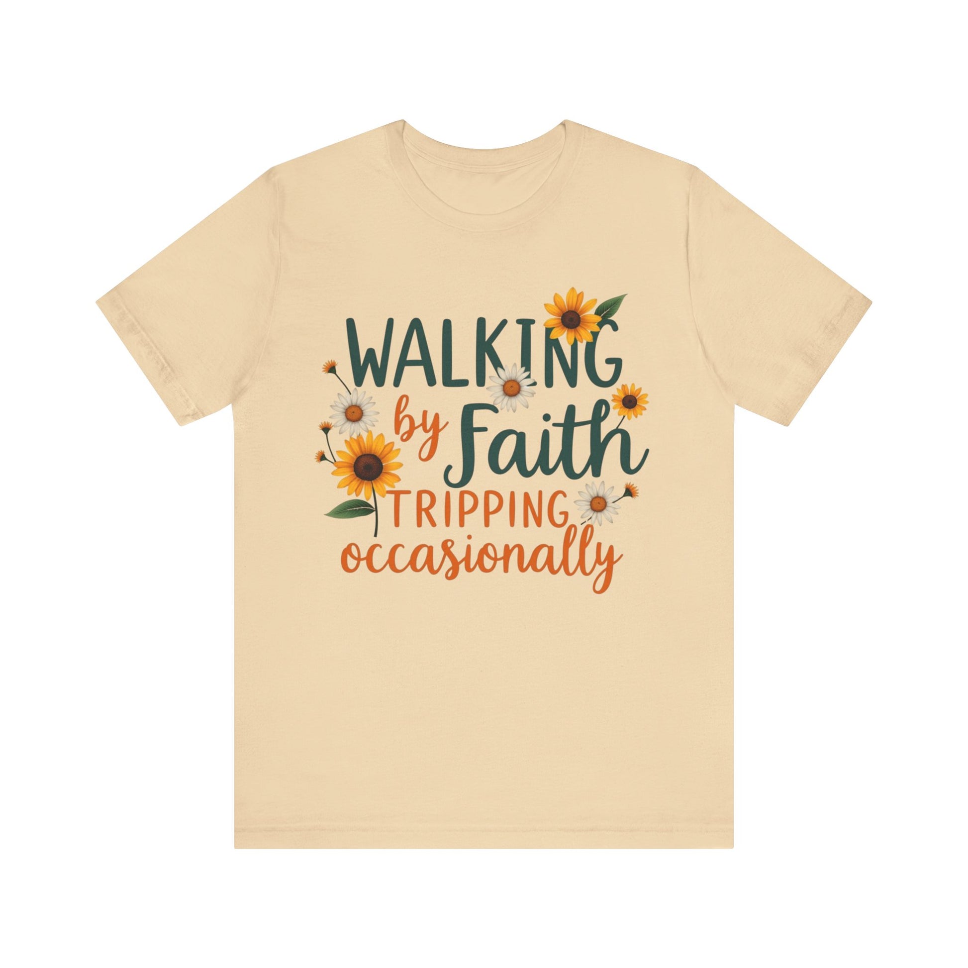 Funny Christian tee with 'Walking by Faith, Tripping Occasionally' – faith with humor design by Klippette"

