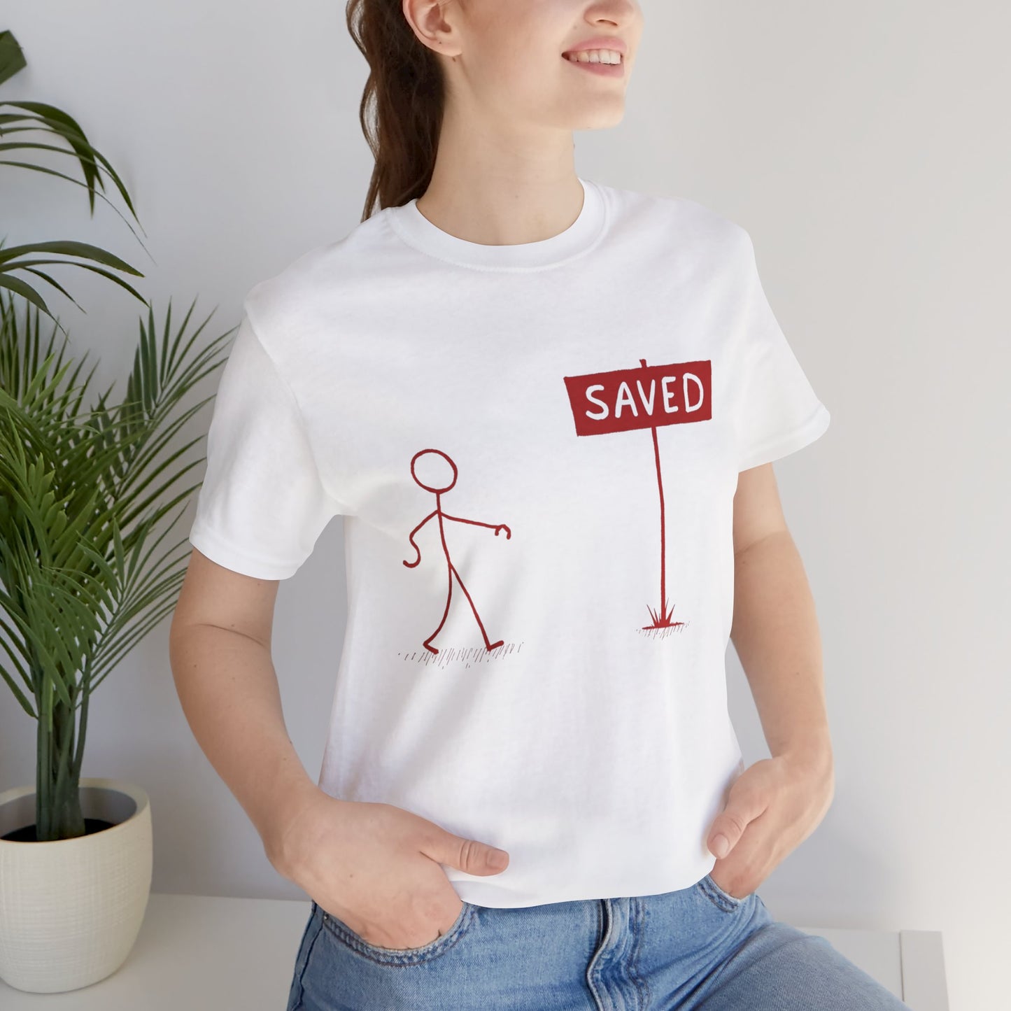 Simple 'Saved' Christian t-shirt – minimalist faith-based design by Klippette"