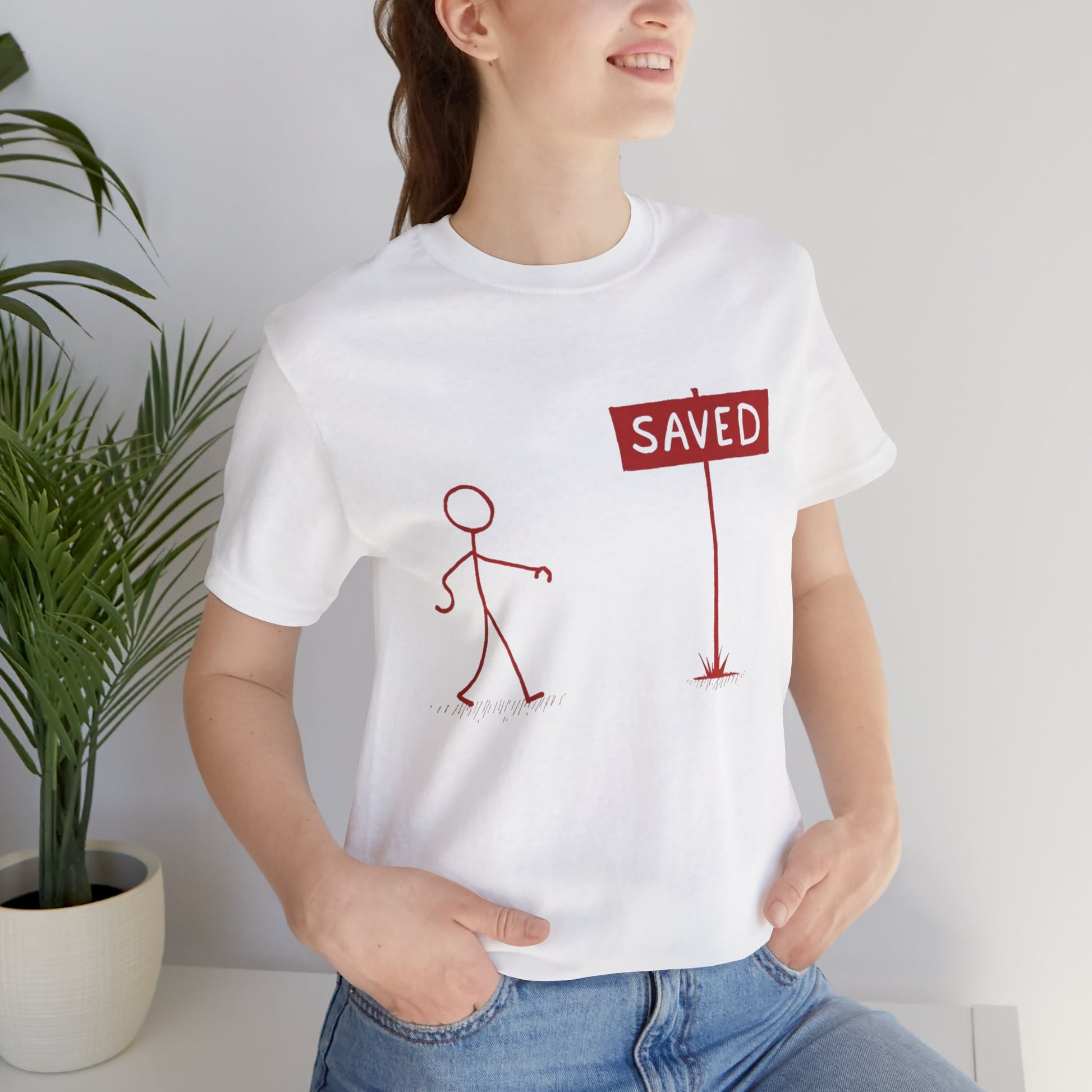 Simple 'Saved' Christian t-shirt – minimalist faith-based design by Klippette"