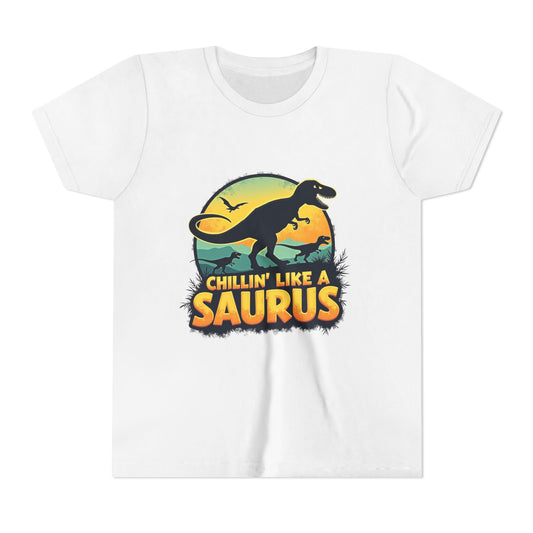 Fun dinosaur with the phrase "Chillin’ Like a Saurus" – playful summer kids t-shirt design