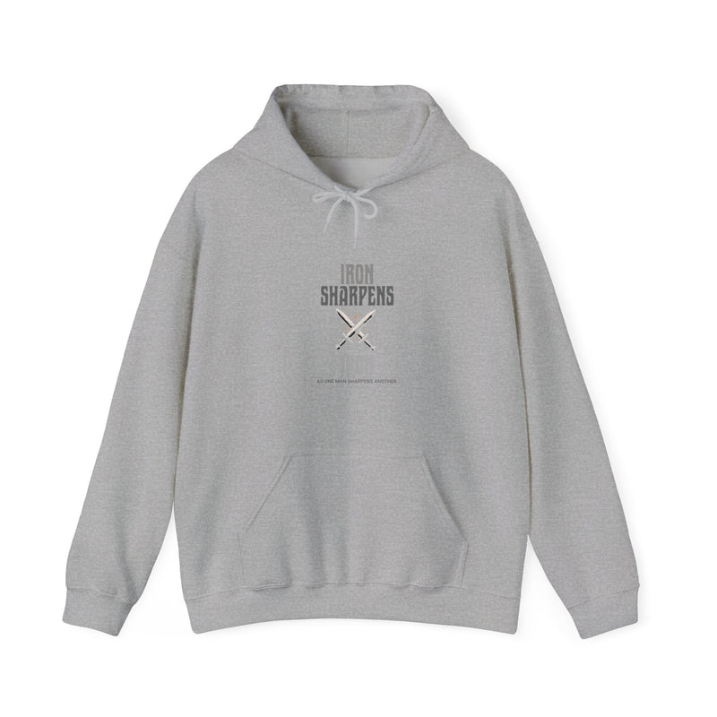 Gray hoodie with 'Iron Sharpens Iron' text on a white background