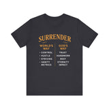 A minimalist design featuring the word "Surrender" in soft, flowing script symbolizing peace, release, and spiritual trust.