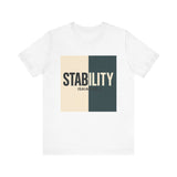 A bold, graphic design featuring the word “STABILITY” split across two contrasting colored backgrounds, with half the word on each side. Referenced scripture Isaiah 26:3 anchors the message visually and spiritually.
