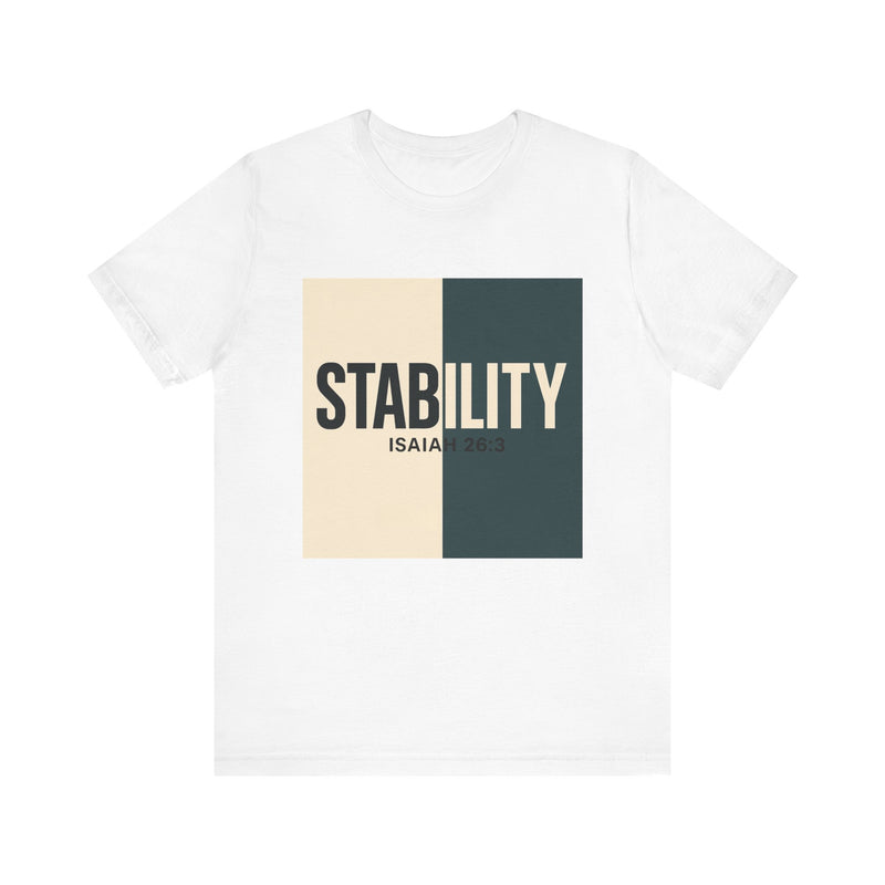 A bold, graphic design featuring the word “STABILITY” split across two contrasting colored backgrounds, with half the word on each side. Referenced scripture Isaiah 26:3 anchors the message visually and spiritually.
