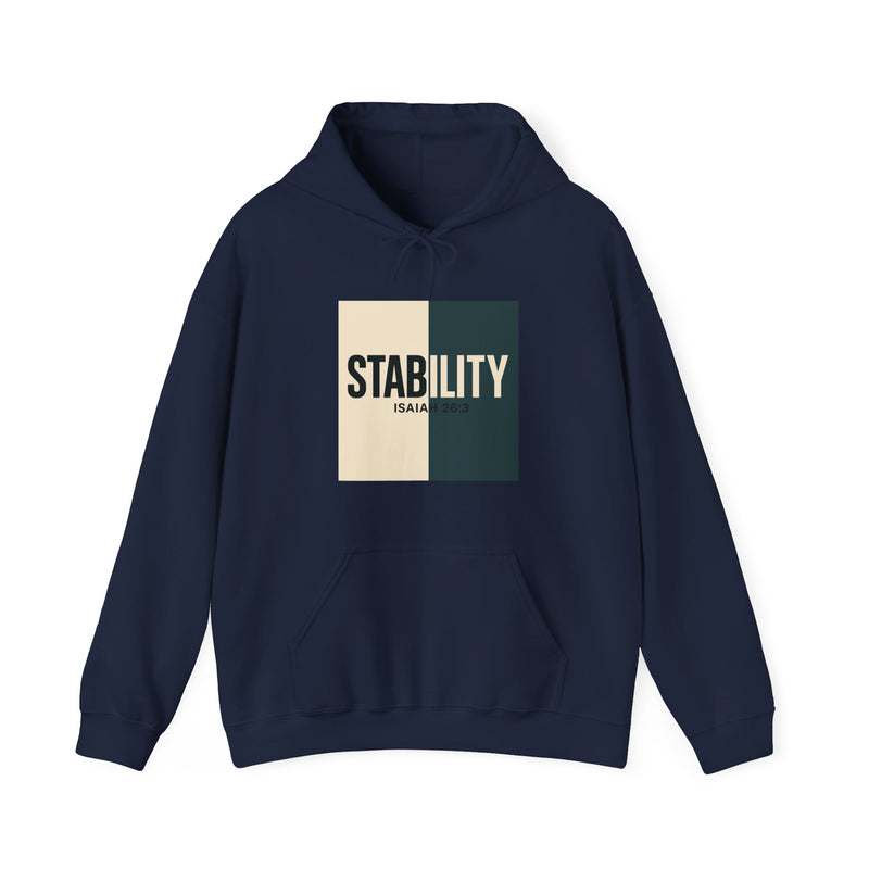 A hoodie with a bold, graphic design featuring the word “STABILITY” split across two contrasting colored backgrounds, with half the word on each side. Referenced scripture Isaiah 26:3 anchors the message visually and spiritually.
