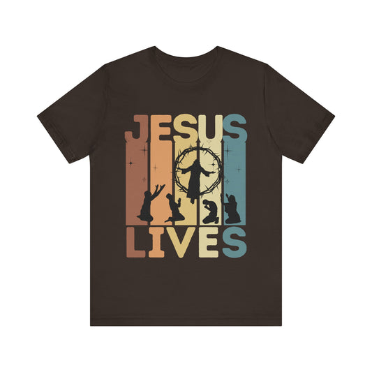 "Bold Christian t-shirt with 'Jesus Lives' declaration – resurrection faith apparel by Klippette"