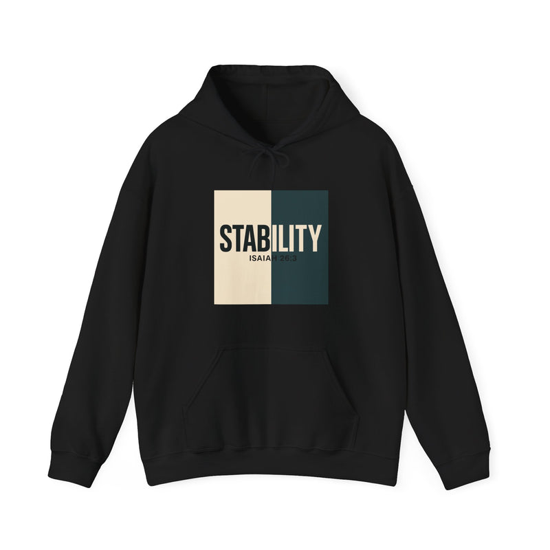 A hoodie with a bold, graphic design featuring the word “STABILITY” split across two contrasting colored backgrounds, with half the word on each side. Referenced scripture Isaiah 26:3 anchors the message visually and spiritually.