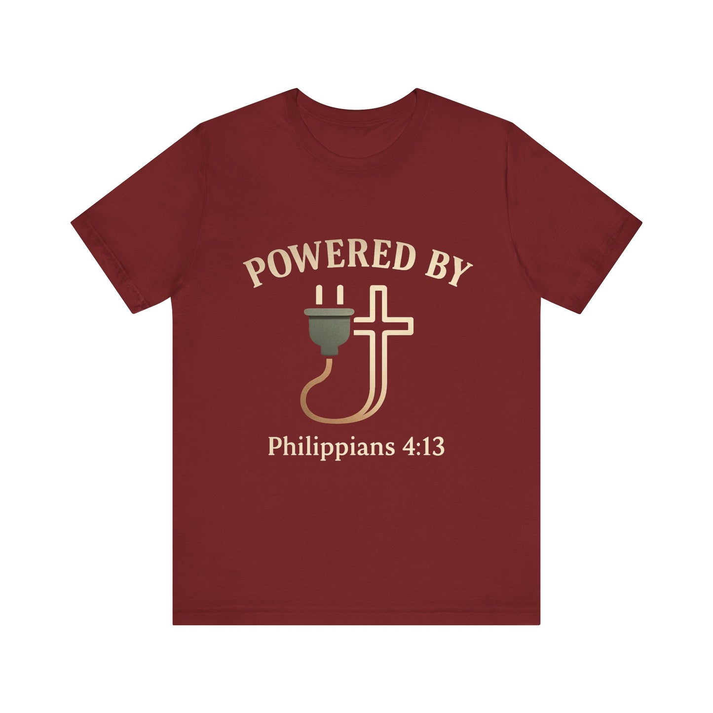 Christian t-shirt with “Powered by Philippians 4:13” text – bold faith-based apparel for men and women.