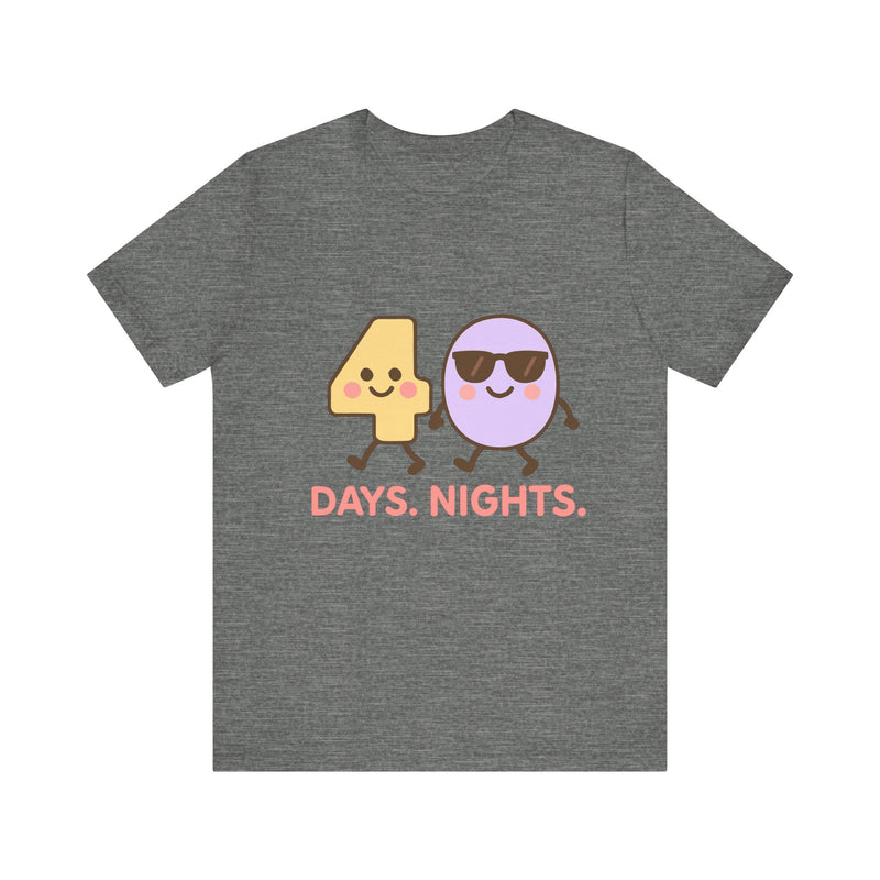 Christian t-shirt featuring the numbers 4 and 0 holding hands, symbolizing “40 Days and Nights” – faith journey design by Klippette.