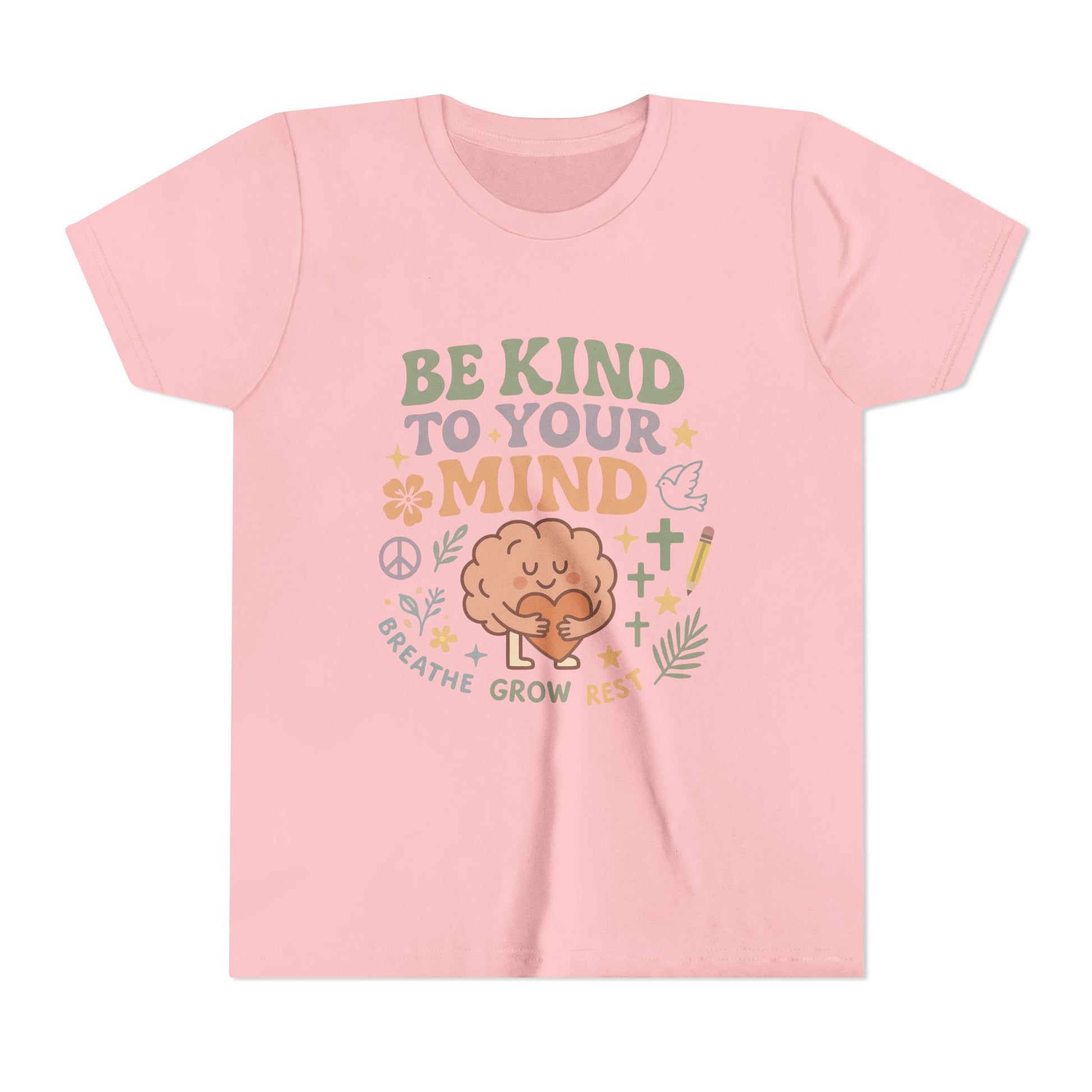 Retro-style t-shirt with “Be Kind to Your Mind” text, featuring a smiling cartoon brain hugging a heart, surrounded by peaceful doodles and affirmations like “Breathe,” “Grow,” and “Rest.”