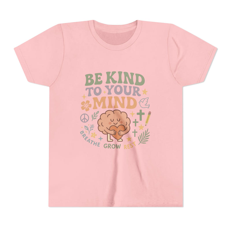 Retro-style t-shirt with “Be Kind to Your Mind” text, featuring a smiling cartoon brain hugging a heart, surrounded by peaceful doodles and affirmations like “Breathe,” “Grow,” and “Rest.”