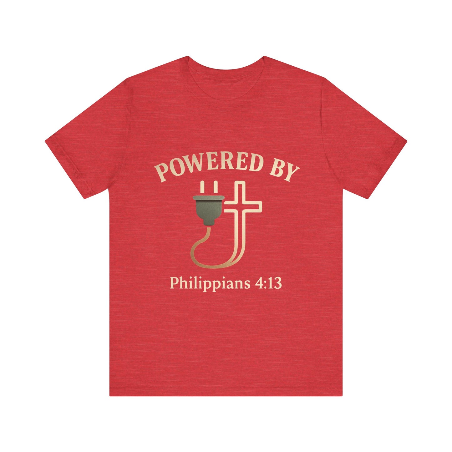 Christian t-shirt with “Powered by Philippians 4:13” text – bold faith-based apparel for men and women.