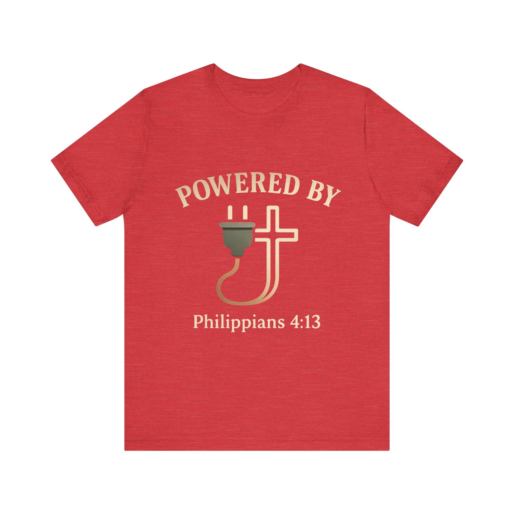 Christian t-shirt with “Powered by Philippians 4:13” text – bold faith-based apparel for men and women.