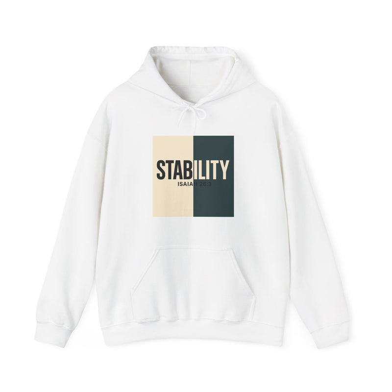 A hoodie with a bold, graphic design featuring the word “STABILITY” split across two contrasting colored backgrounds, with half the word on each side. Referenced scripture Isaiah 26:3 anchors the message visually and spiritually.
